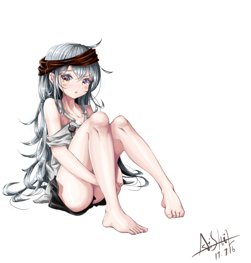 asil bare_legs barefoot blue_hair blush brown_eyes collarbone female g11_(girls'_frontline) girls'_frontline grey_shirt hair_between_eyes highres legs long_hair looking_at_viewer on_floor open_mouth shirt shorts sitting solo thighs white_background