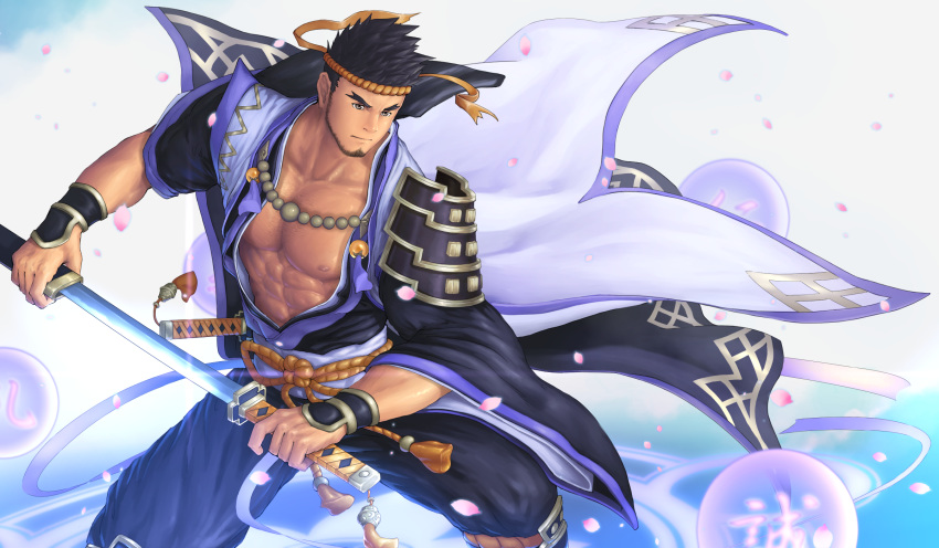 1boy abs bara bare_pectorals beard black_hair facial_hair feet_out_of_frame fighting_stance forked_eyebrows gyee hachimaki happi headband highres japanese_clothes katana kimono ko_shushu lan_(gyee) large_pectorals male_focus mature_male muscular muscular_male nejiri_hachimaki nipples open_clothes open_kimono pectorals petals solo sword weapon