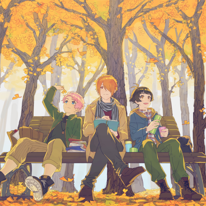 3boys akizuki_ryo autumn autumn_leaves blue_eyes book brown_eyes brown_hair commentary_request crossed_legs f-lags_(idolmaster) falling_leaves ginkgo_leaf ginkgo_tree hair_over_one_eye highres holding holding_leaf idolmaster idolmaster_side-m kabuto_daigo leaf male_focus multiple_boys open_mouth orange_hair outdoors pink_hair scarf shoes smile sneakers tokito0305 tree tsukumo_kazuki