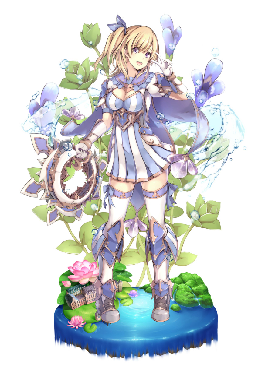 absurdres armored_boots blonde_hair boots breasts cape chakram cleavage dress faux_figurine female flower flower_knight_girl full_body gloves highres holding holding_weapon knee_boots lindernia_(flower_knight_girl) manano_manamana medium_breasts miniskirt name_connection object_namesake official_art short_hair side_ponytail simple_background skirt solo standing striped_clothes striped_dress teeth thighhighs thighhighs_under_boots upper_teeth_only v vertical-striped_clothes vertical-striped_dress weapon white_background white_gloves white_thighhighs zettai_ryouiki