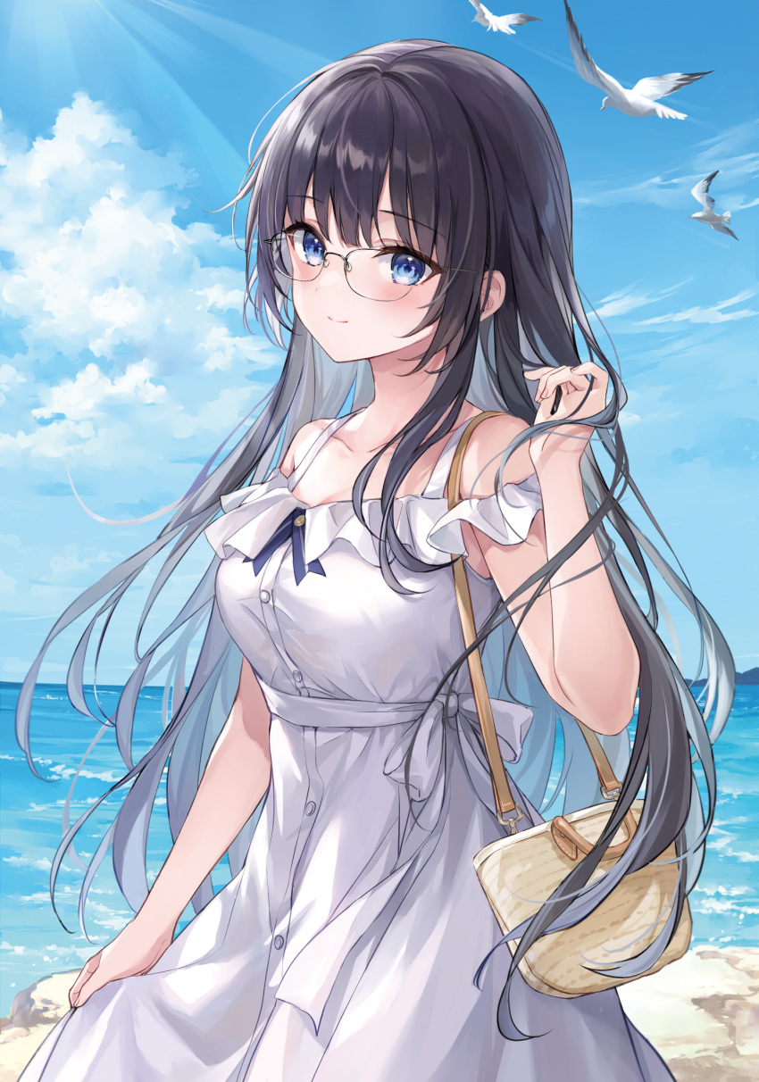 10nen-buri_ni_saikai_shita_kusogaki_wa_seijun_bishoujo_jk_ni_seichou_shite_ita bag bare_shoulders bird black_hair blue_eyes blue_sky blush breasts closed_mouth cloud commentary_request cover_image cowboy_shot day dress female frilled_dress frills gendouji_asaka glasses handbag higeneko highres horizon long_hair looking_at_viewer medium_breasts novel_illustration ocean off-shoulder_dress off_shoulder official_art outdoors shoulder_bag sky smile solo straight_hair sunlight textless_version very_long_hair water white_dress