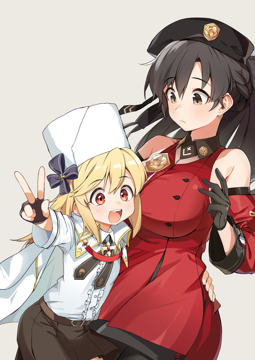 2girls absurdres beret blonde_hair blush breasts brown_eyes brown_hair capelet commentary fur_hat girls'_frontline gloves hat highres lewis_(girls'_frontline) long_hair looking_at_viewer medal military military_uniform multiple_girls nagant_revolver_(girls'_frontline) nemoga orange_eyes pleated_skirt simple_background skirt smile uniform ushanka