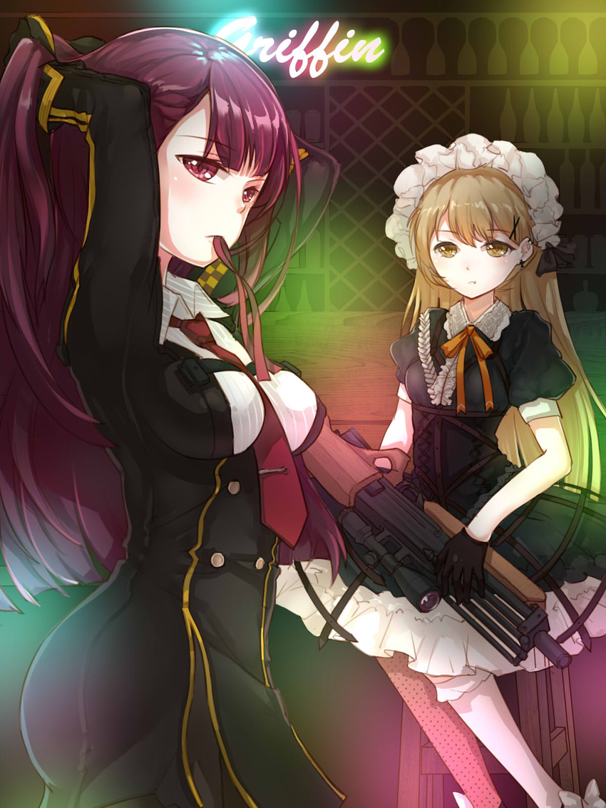 2girls adjusting_hair banluoli breasts brown_eyes bullpup dress girls'_frontline gothic_lolita gun highres holding holding_weapon light_brown_hair lolita_fashion long_hair medium_breasts multiple_girls ppk_(girls'_frontline) purple_eyes purple_hair rifle short_dress sniper_rifle very_long_hair wa2000_(girls'_frontline) walther walther_wa_2000 weapon