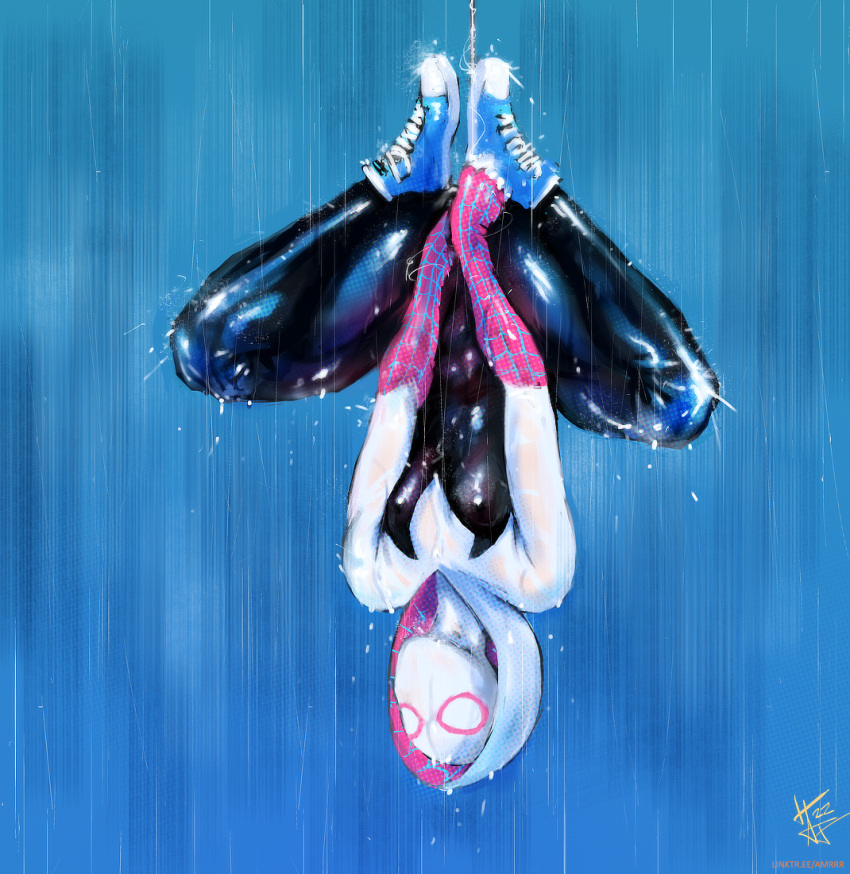 amrrr black_bodysuit blue_footwear bodysuit dripping female hanging hood marvel multicolored_bodysuit multicolored_clothes rain shoes signature skin_tight sneakers solo spider-gwen spider-man_(series) thighs upside-down v_arms web_address web_print white_bodysuit