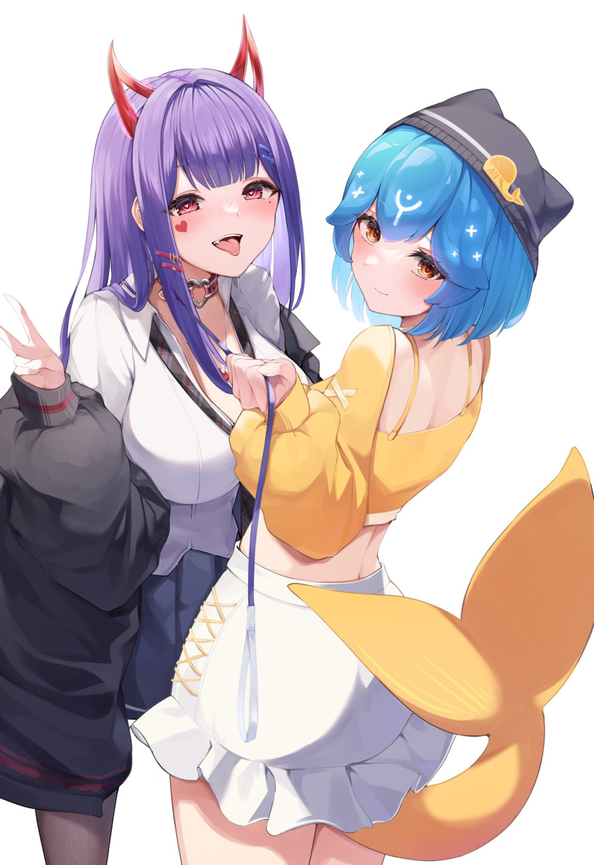 2girls akuma_nihmune akuma_nihmune_(1st_costume) bao_(vtuber) bao_(vtuber)_(5th_costume) beanie black_coat black_headwear black_necktie blue_hair blue_skirt breasts cetacean_tail coat collar collared_shirt commentary_request cropped_shirt cross-laced_clothes cross-laced_skirt cross-laced_sleeves demon_girl demon_horns facial_mark fins fish_tail frilled_skirt frills hat heart heart_facial_mark heart_in_eye heart_o-ring highres holding holding_leash horns indie_virtual_youtuber jewelry large_breasts leash long_hair mole mole_under_eye multiple_girls necklace necktie o-ring_collar oerba_yun_fang off_shoulder pantyhose pink_eyes pleated_skirt red_collar red_eyes shirt short_hair skirt smile symbol_in_eye tail tongue tongue_out tyabesu v virtual_youtuber white_skirt yellow_shirt yellow_tail