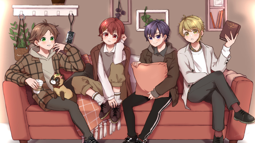 4boys aho_no_sakata brown_hair green_eyes hatoka_ra5 highres looking_at_viewer male_focus multiple_boys open_mouth purple_eyes red_eyes red_hair senra_(utaite) shima_(utaite) shirt short_hair simple_background smile urashimasakatasen uratanuki utaite yellow_eyes