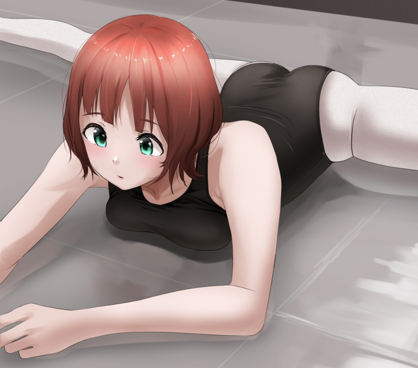 amami_haruka ass ballerina ballet black_leotard breast_press breasts brown_hair commentary_request commission female floor green_eyes highres idolmaster leotard on_floor open_mouth pantyhose pixiv_commission solo split straddle_split stretching tama_(tamago) white_pantyhose