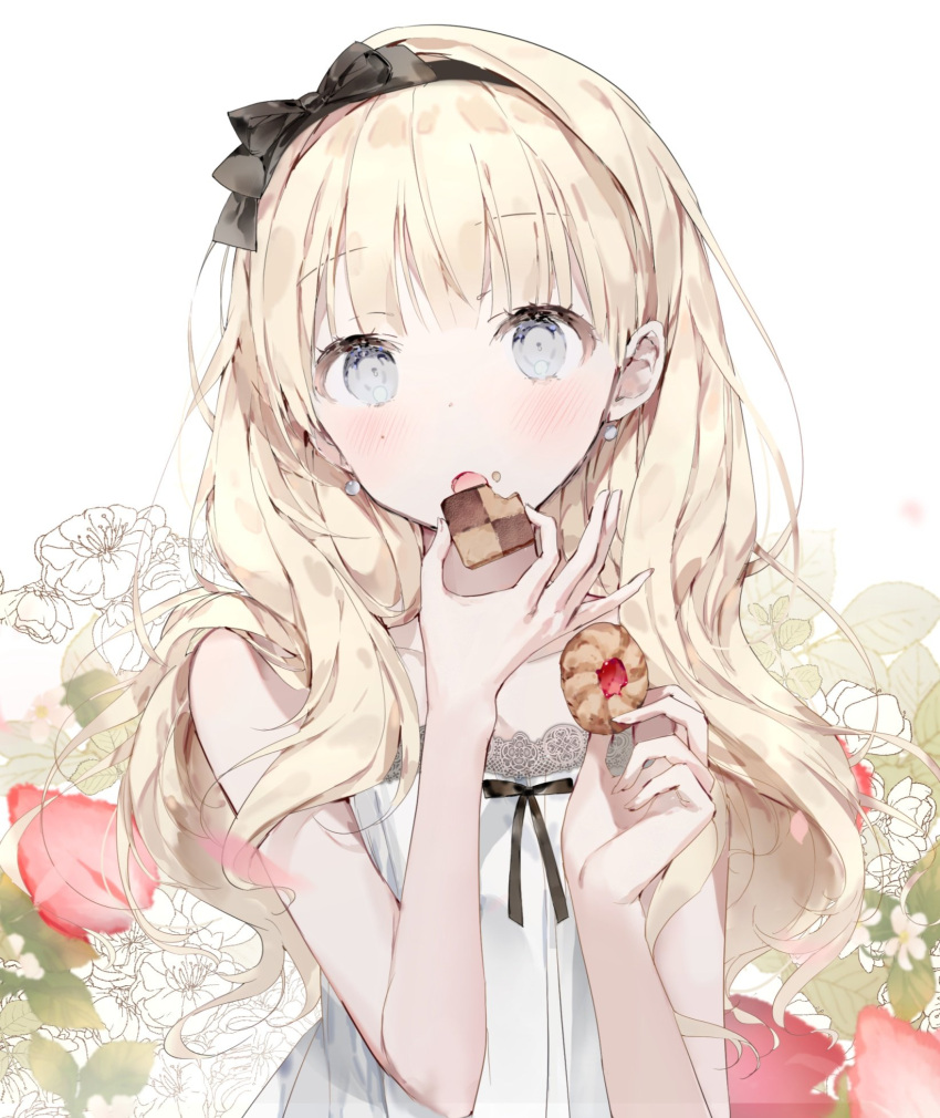 black_ribbon blonde_hair blue_eyes blush collarbone cookie copyright_request dress earrings eating food food_on_face fruit hairband highres holding holding_food jewelry long_hair naizotan neck_ribbon open_mouth original ribbon simple_background solo strawberry white_background white_dress