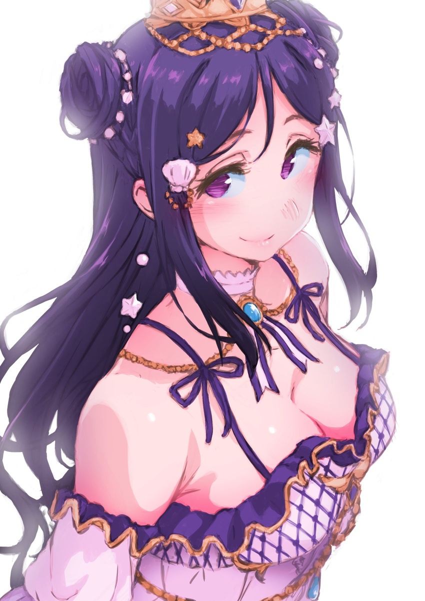 alternate_hairstyle ayumu-k blue_hair blush breasts brooch cleavage commentary_request crown detached_collar detached_sleeves double_bun earrings female hair_bun hair_ornament highres jewelry large_breasts long_hair love_live! love_live!_sunshine!! matsuura_kanan purple_eyes shell_hair_ornament simple_background smile solo star_(symbol) star_hair_ornament upper_body white_background