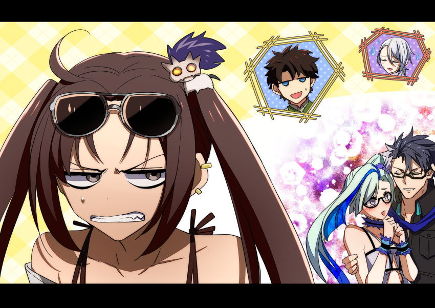 2girls 3boys ahoge angry bare_shoulders bikini black_jacket blue_eyes blue_hair brown_hair brynhildr_(fate) brynhildr_(swimsuit_berserker)_(fate) brynhildr_(swimsuit_berserker)_(first_ascension)_(fate) clenched_teeth collarbone commentary_request earrings eyewear_on_head fate/grand_order fate_(series) fujimaru_ritsuka_(male) fujimaru_ritsuka_(male)_(chaldea_pathfinder) grey_eyes grey_hair hair_ornament highres honchu jacket jewelry letterboxed multicolored_hair multiple_boys multiple_earrings multiple_girls official_alternate_costume prince_of_lan_ling_(fate) side_ponytail sigurd_(fate) sigurd_(memories_with_my_lover)_(fate) sunglasses sweatdrop swimsuit teeth twintails two-tone_hair white_bikini yu_mei-ren_(fate) yu_mei-ren_(swimsuit_lancer)_(fate)