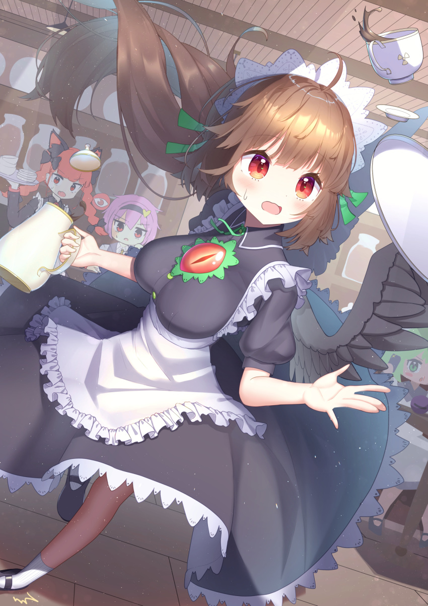 4girls ahoge alternate_costume animal_ears apron bad_id bad_pixiv_id bird_wings black_wings blush_stickers braid breasts brown_hair buttons cat_ears cellphone collared_dress commentary cup dress dutch_angle enmaided extra_ears eyeball floating_hair frilled_apron frills green_eyes green_hair hair_ornament hair_ribbon hairband heart heart_hair_ornament highres holding holding_phone indoors kaenbyou_rin kiramarukou komeiji_koishi komeiji_satori long_dress long_hair looking_at_another looking_up maid maid_apron maid_headdress mary_janes medium_hair multiple_girls neck_ribbon pantyhose phone pink_hair puffy_short_sleeves puffy_sleeves red_eyes red_hair reiuji_utsuho ribbon saucer shoes short_hair short_sleeves smartphone socks solo_focus sprain taking_picture teapot third_eye touhou tray tripping twin_braids underbust waist_apron wing_collar wings