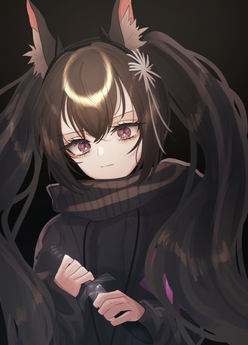 absurdres animal_ear_fluff animal_ears arknights black_background black_hair black_jacket black_scarf dagger female hair_between_eyes hands_up highres holding holding_dagger holding_knife holding_weapon jacket knife long_hair long_sleeves looking_at_viewer monch_(arknights) purple_eyes scarf shimotsuki_niko simple_background solo twintails upper_body weapon