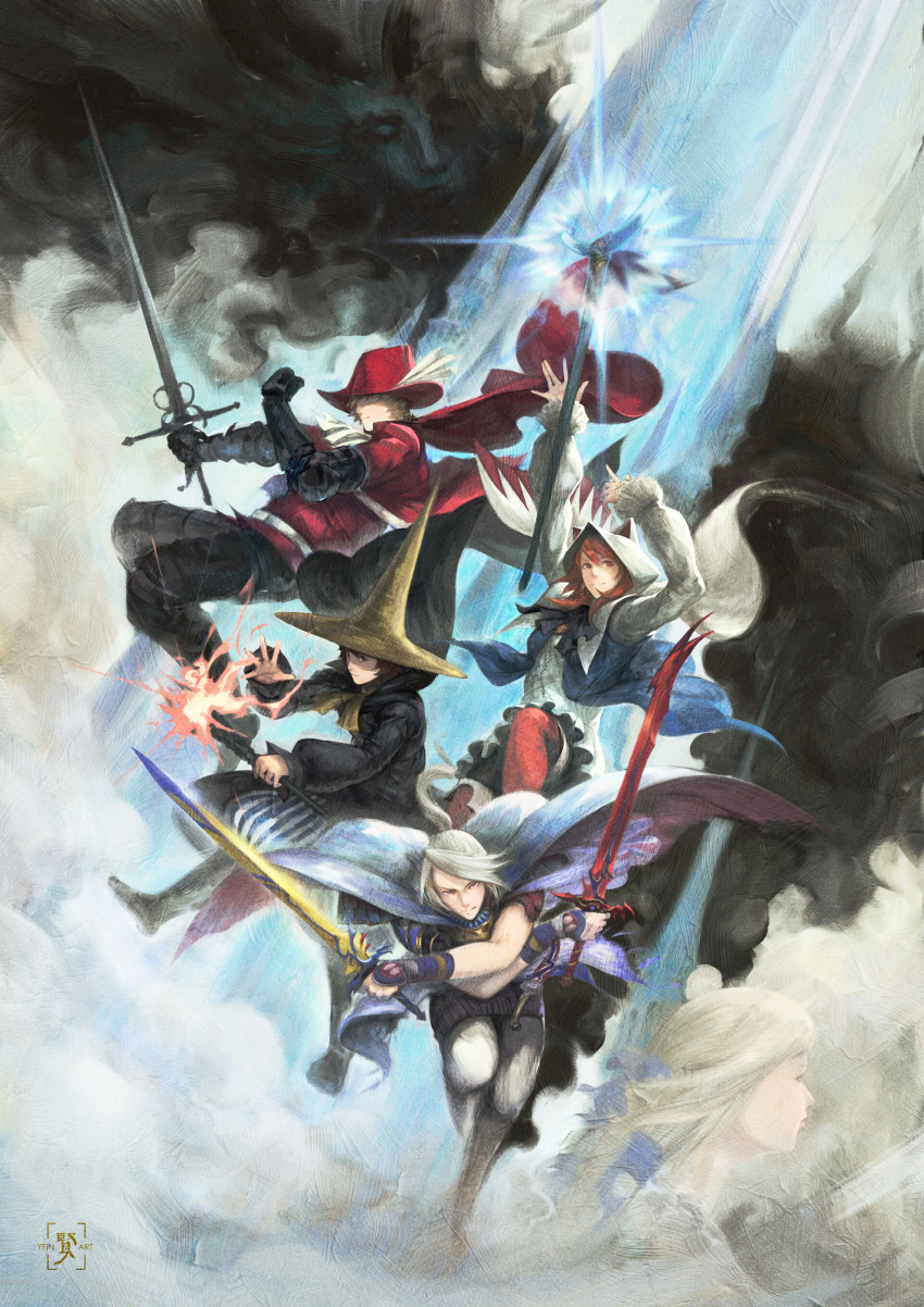 3boys 3girls absurdres animal_hood arc_(ff3) aria_benett arms_up ascot battle black_gloves black_mage_(final_fantasy) black_pants blonde_hair blue_ascot blue_cape brown_eyes brown_hair cape cat_hood clenched_hand closed_mouth cloud cloud_of_darkness covered_eyes crossed_arms dark_clouds edward_tsang feathers fighting_stance final_fantasy final_fantasy_iii fire floating floating_object full_body gloves hat hat_feather highres holding holding_staff holding_sword holding_weapon hood ingus jacket long_hair long_sleeves looking_at_viewer luneth midair multiple_boys multiple_girls onion_knight pants ponytail puffy_sleeves red_cape red_eyes red_hair red_headwear red_jacket red_legwear red_mage_(final_fantasy) refia running scarf short_hair sleeves_past_wrists smile staff sword weapon white_ascot white_cape white_feathers white_hair white_legwear white_mage_(final_fantasy) wizard_hat yellow_headwear