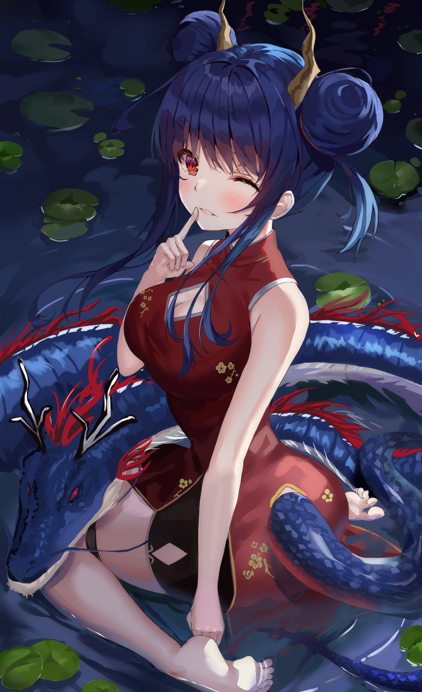 absurdres arknights bare_arms bare_shoulders barefoot blue_hair blush breasts ch'en_(ageless_afterglow)_(arknights) ch'en_(arknights) china_dress chinese_clothes cleavage cleavage_cutout clothing_cutout commentary double_bun dragon dragon_horns dragon_tail dress eastern_dragon female hair_bun hand_up highres horns index_finger_raised large_breasts lily_pad long_hair looking_at_viewer lotpi official_alternate_costume one_eye_closed parted_lips red_dress red_eyes sidelocks sitting sleeveless sleeveless_dress tail wariza water