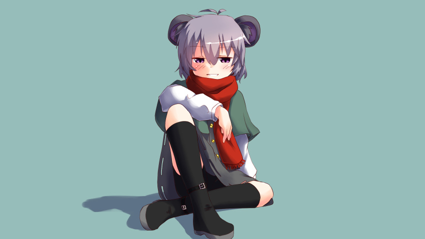 animal_ears antenna_hair black_footwear black_shorts blush boots buttons capelet commentary_request cookie_(touhou) dress female full_body green_background green_capelet grey_dress grey_hair grin highres kurotsuki_hiiragi looking_at_viewer mouryou_(cookie) mouse_ears mouse_girl nazrin purple_eyes red_scarf scarf short_hair shorts shorts_under_dress simple_background sitting smile solo touhou