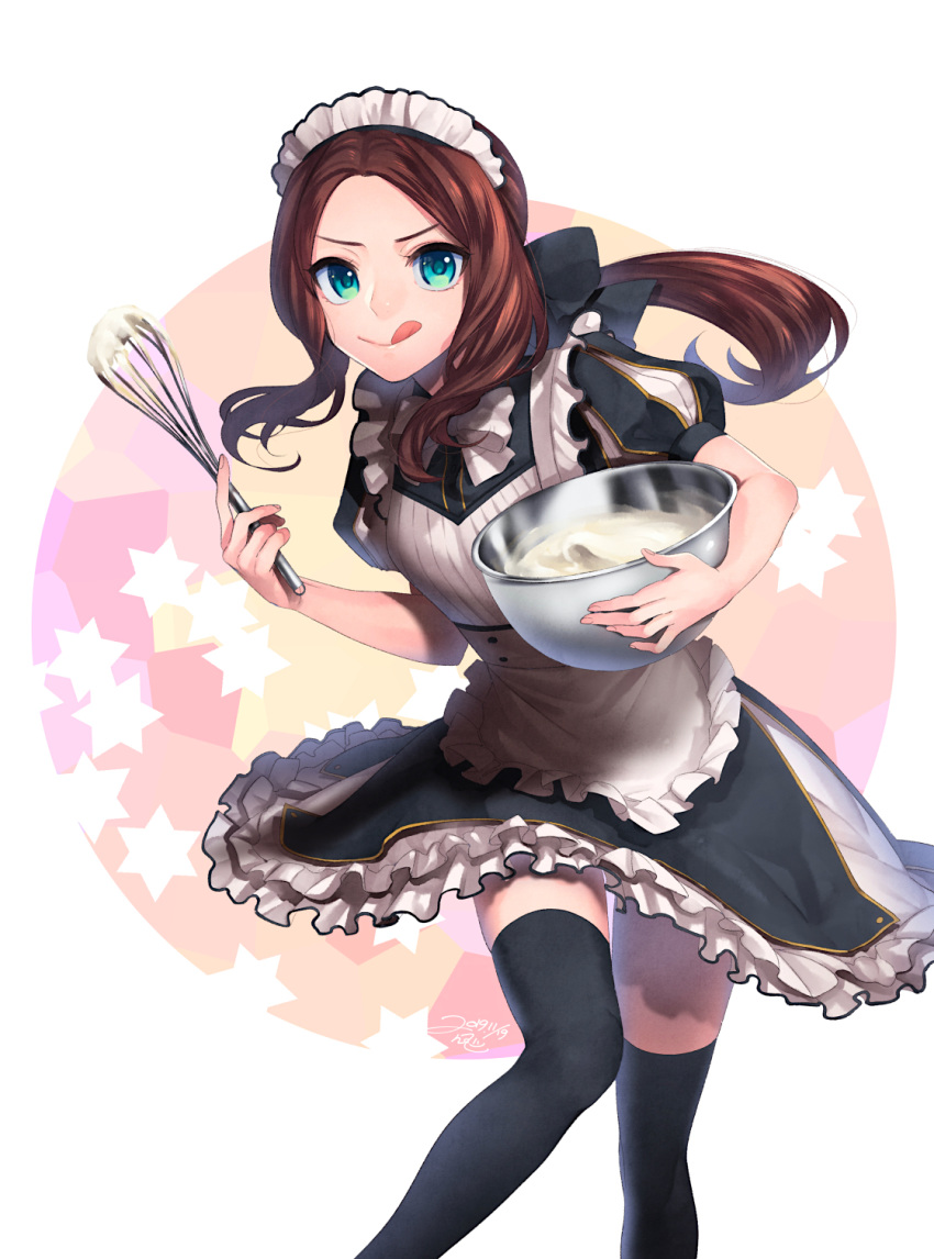 :q alternate_costume apron black_bow black_shirt black_skirt black_thighhighs blue_eyes bow bowtie brown_hair closed_mouth commentary_request enmaided fate/grand_order fate_(series) female floating_hair frilled_apron frilled_skirt frills hairbow highres holding layered_skirt leaning_forward leonardo_da_vinci_(fate) leonardo_da_vinci_(rider)_(fate) leonardo_da_vinci_(rider)_(second_ascension)_(fate) long_hair maid maid_headdress miniskirt nishiyama_(whatsoy) ponytail shirt short_sleeves skirt smile solo standing thighhighs tongue tongue_out very_long_hair waist_apron white_apron white_background white_bow white_bowtie zettai_ryouiki