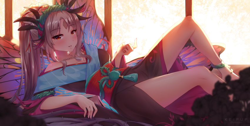 bare_shoulders black_kimono blush breasts butterfly_wings cleavage commission facial_mark fairy_wings female fire_emblem fire_emblem_heroes forehead_mark grin index_finger_raised indoors insect_wings japanese_clothes keipup kimono long_hair looking_at_viewer lying obi plant plumeria_(fire_emblem) plumeria_(new_year)_(fire_emblem) pointy_ears ponytail sash smile solo teasing thighs vines wings