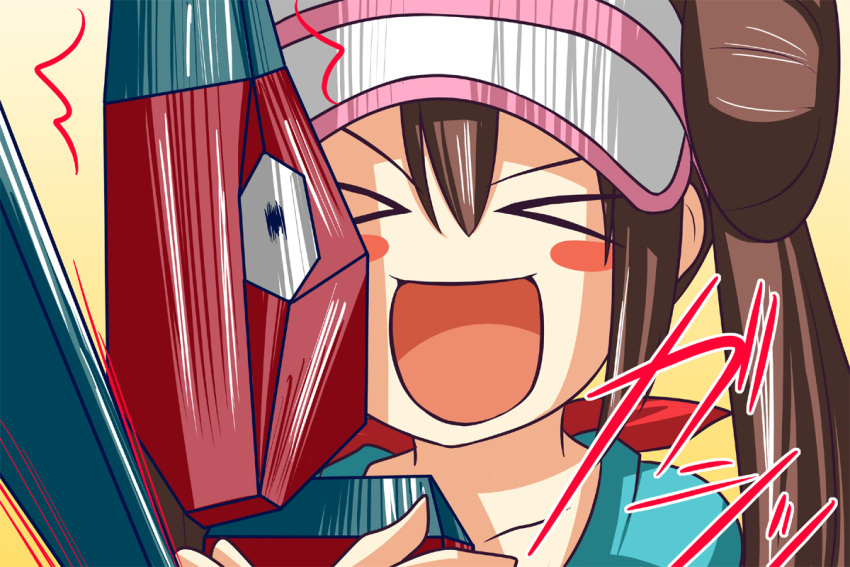 :d blush_stickers brown_hair commentary_request double_bun female hair_bun long_hair nishi_koutarou open_mouth painttool_sai_(medium) pokemon pokemon_(creature) pokemon_bw2 porygon rosa_(pokemon) smile twintails visor_cap you_gonna_get_raped