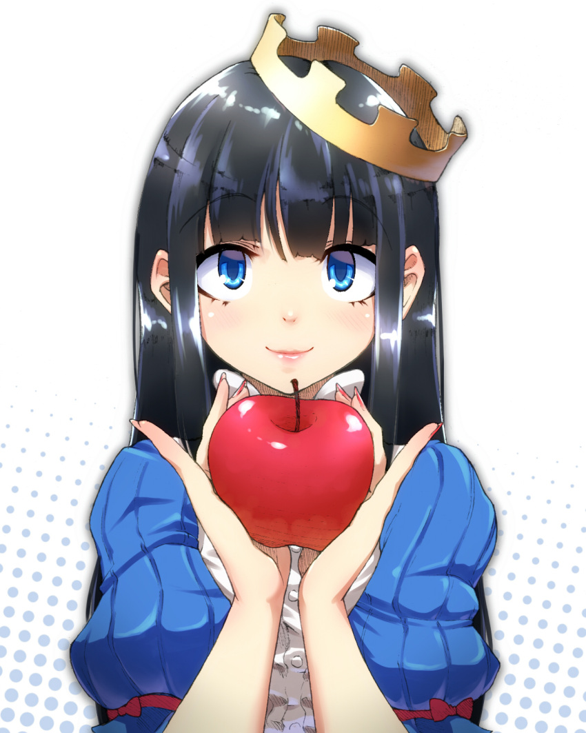 apple aya_shachou black_hair blue_eyes blush commentary_request crown dress female food fruit highres long_hair looking_at_viewer maerchen_(sound_horizon) schneewittchen smile solo sound_horizon