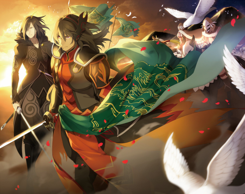 2boys armor bad_id bad_pixiv_id black_hair coat flag gaius_(tales) gloves male_focus manly multiple_boys pants red_eyes serious shiramine_(srmn09) surcoat sword tales_of_(series) tales_of_xillia weapon wingul_(tales)