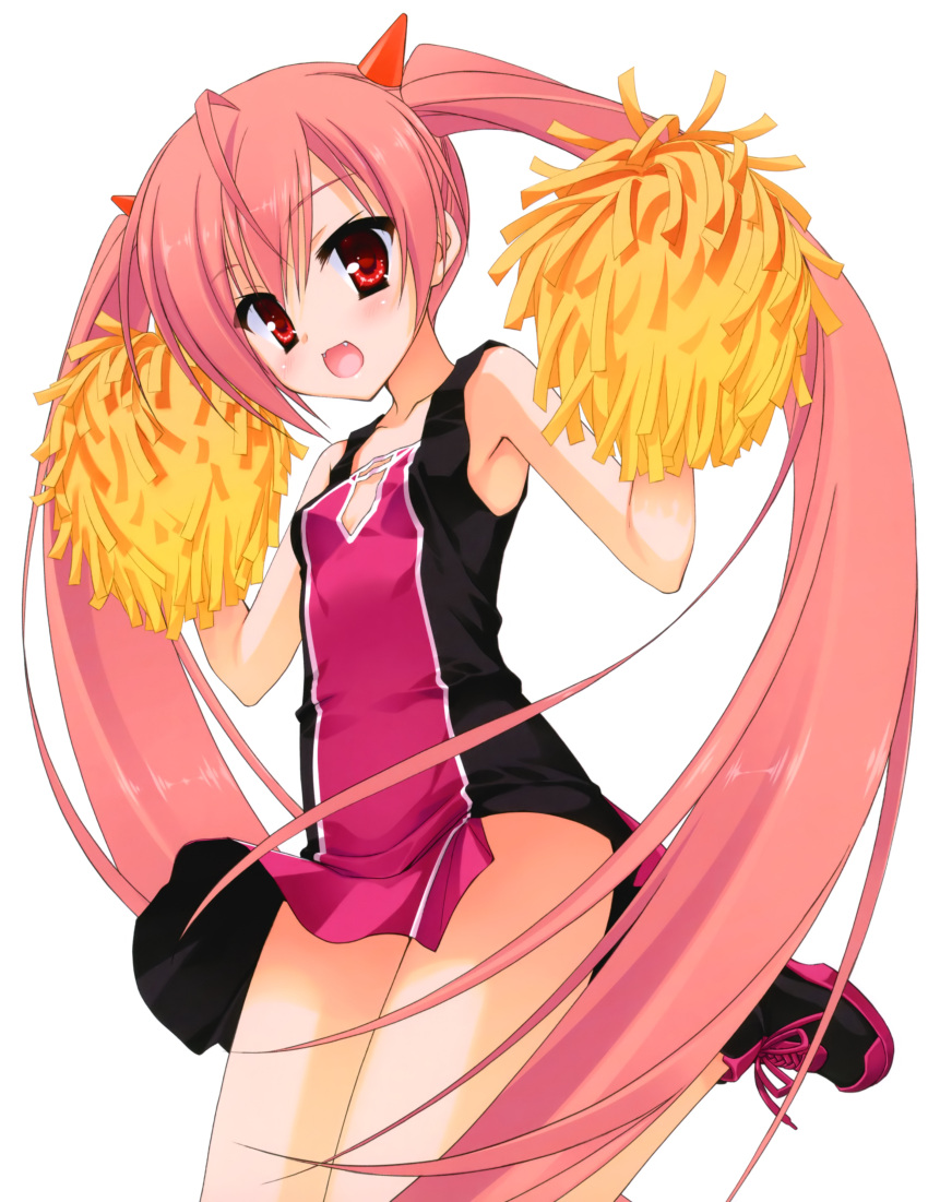 absurdres bare_shoulders cheerleader female hidan_no_aria highres horn_hair_ornament kanzaki_h._aria kobuichi long_hair oerba_yun_fang pink_hair pom_pom_(cheerleading) red_eyes scan shoes smile sneakers solo twintails very_long_hair