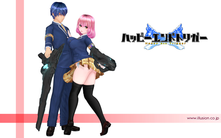 1boy black_legwear black_socks blue_hair breast_press breasts couple female happy_end_trigger highres illusion illusion_soft pink_hair red_eyes school_uniform shoes short_hair skirt socks wallpaper weapon