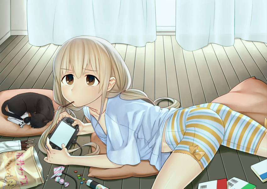 animal bike_shorts blonde_hair brown_eyes candy feline female food futaba_anzu harmaline idolmaster idolmaster_cinderella_girls long_hair playing_games playstation_vita pocky striped