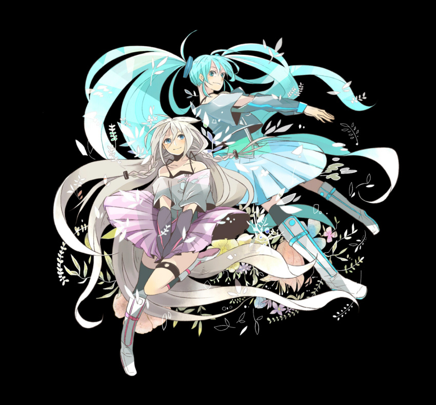 2girls aqua_eyes aqua_hair bare_shoulders blue_eyes boots braid commentary_request cosplay grey_hair hatsune_miku ia_(vocaloid) ia_(vocaloid)_(cosplay) long_hair makoto0820 multiple_girls off_shoulder single_thighhigh skirt smile thigh_strap thighhighs twin_braids twintails very_long_hair vocaloid