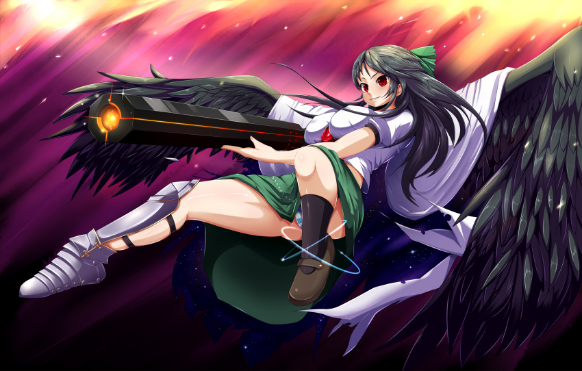 alternate_weapon arm_cannon armor black_wings bow breasts cape commentary_request female glowing glowing_weapon green_bow green_skirt hairbow highres large_breasts long_hair panties pantyshot red_eyes reiuji_utsuho safurantora sharp_teeth shirt short_sleeves skirt smirk solo space striped_clothes striped_panties teeth third_eye touhou underwear upskirt weapon wings