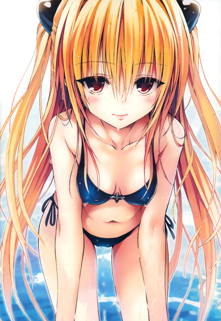 bare_shoulders bent_over bikini black_bikini blonde_hair breasts cleavage collarbone detexted female highres konjiki_no_yami lips long_hair looking_at_viewer medium_breasts navel red_eyes scan side-tie_bikini_bottom solo string_bikini swimsuit third-party_edit to_love-ru to_love-ru_darkness two_side_up very_long_hair wading water wet yabuki_kentarou