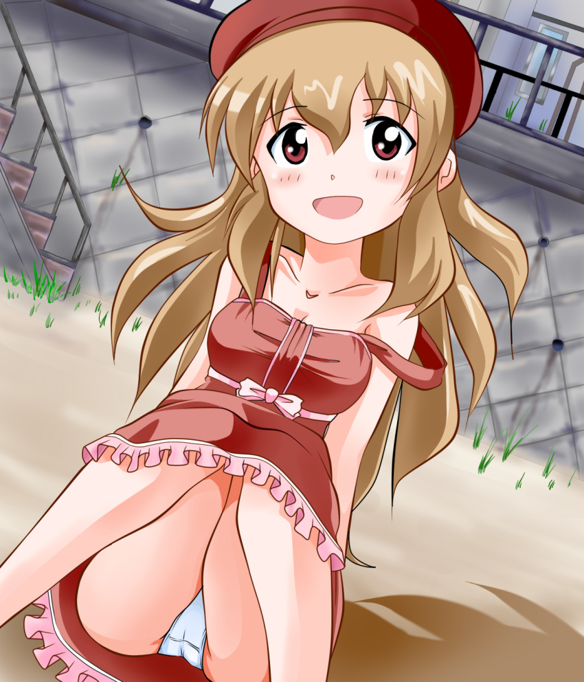 brown_eyes brown_hair commentary_request dress female hat highres long_hair panties pantyshot rokushaku_neko shinryaku!_ikamusume sitting tanabe_kozue underwear