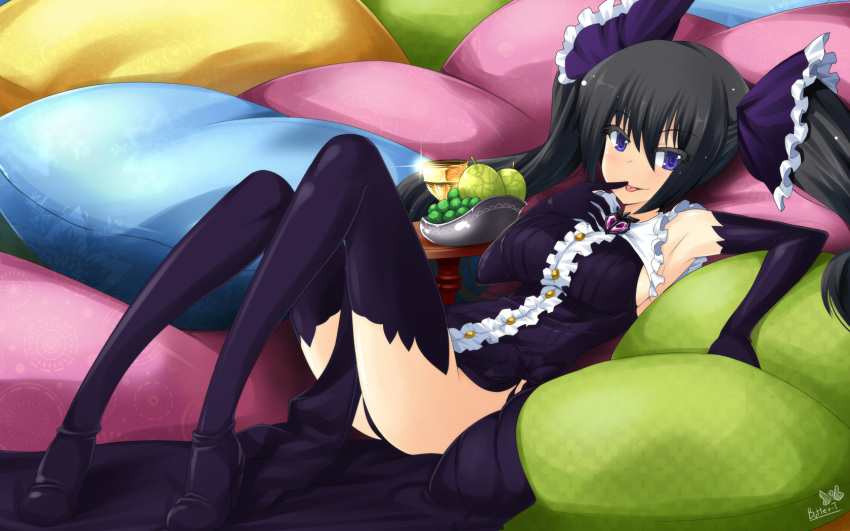 1boy :p black_hair black_thighhighs blue_eyes breasts butter-t character_request commentary copyright_request highres licking lying male_focus medium_breasts otoko_no_ko photoshop_(medium) pillow solo thighhighs tongue tongue_out twintails