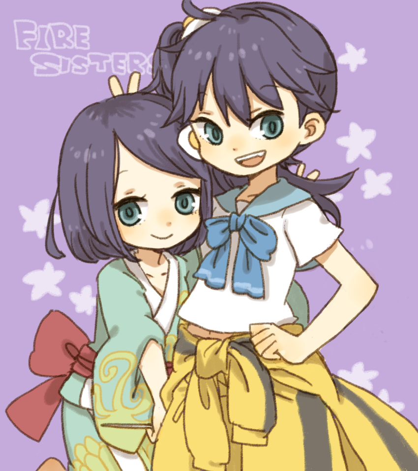 2girls araragi_karen araragi_tsukihi black_hair clothes_around_waist commentary_request egg_(food) egg_hair_ornament english_text food food-themed_hair_ornament fried_egg green_eyes hair_ornament highres jacket jacket_around_waist japanese_clothes kimono monogatari_(series) multiple_girls nisemonogatari oerba_yun_fang open_mouth school_uniform short_hair short_sleeves siblings side_ponytail sisters smile tsuganoki_second_junior_high_school_uniform v yukke