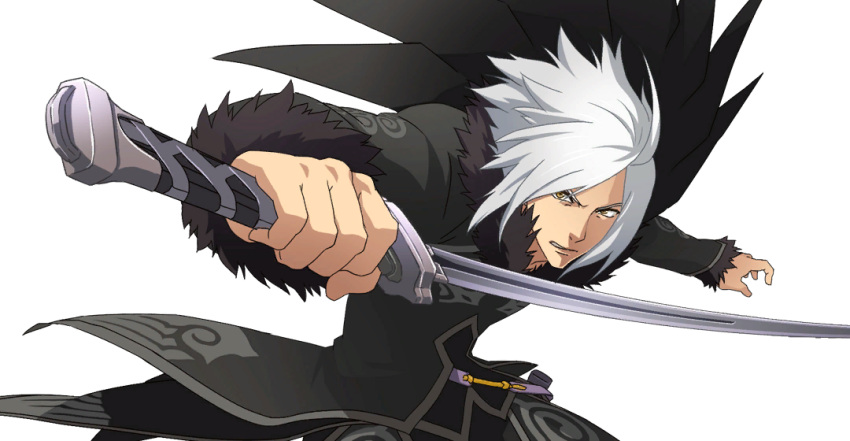 1boy ahoge artist_request black_cape black_coat cape coat fur-trimmed_sleeves fur_coat fur_trim holding holding_sword holding_weapon long_sleeves looking_at_viewer male_focus manly official_art outstretched_arms solo sword tales_of_(series) tales_of_xillia transparent_background unsheathed upper_body v-shaped_eyebrows weapon white_hair wingul_(tales) yellow_eyes