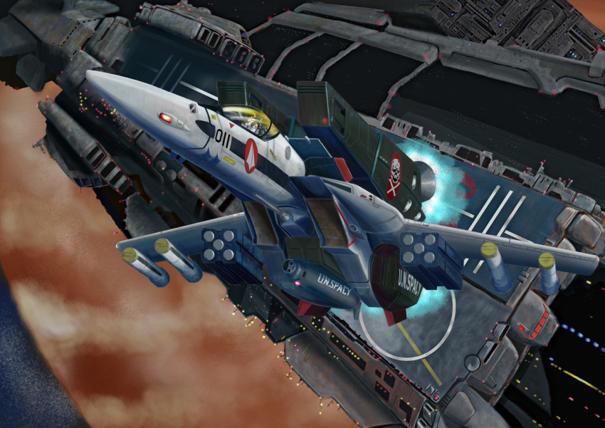 1980s_(style) 1boy aircraft airplane armd armor bad_id bad_pixiv_id choujikuu_yousai_macross cockpit fighter_jet gunpod helmet i.t.o_daynamics ichijou_hikaru jet jupiter_(planet) macross macross:_do_you_remember_love? male_focus military military_vehicle missile nuclear_weapon pilot_suit planet radiation_symbol realistic retro_artstyle science_fiction sdf-1 skull_and_crossbones space spacecraft spacesuit taking_off u.n._spacy variable_fighter vehicle_focus vf-1 vf-1_super vf-1a