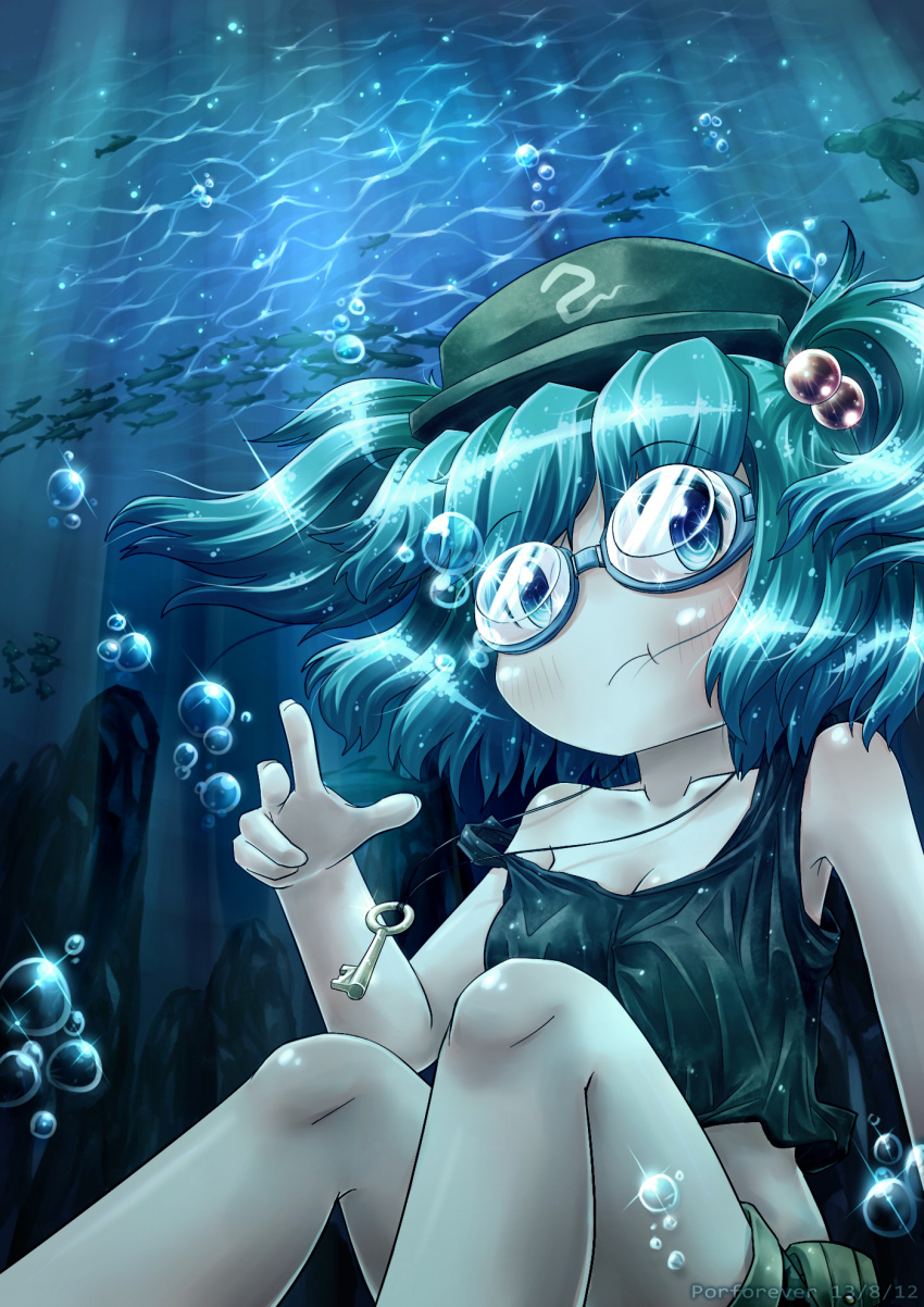 :t blue_eyes blue_hair commentary_request female fish goggles goggles_on_eyes hair_bobbles hair_ornament hat highres holding_breath kawashiro_nitori key midriff photoshop_(medium) porforever short_hair shorts solo tank_top touhou turtle two_side_up underwater v water