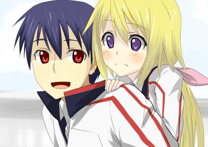 1boy bad_id bad_pixiv_id black_hair blonde_hair blush carrying charlotte_dunois female hair_ribbon hand_on_shoulder hands infinite_stratos long_hair open_mouth orimura_ichika purple_eyes red_eyes ribbon school_uniform short_hair sweta_(sakerflc)