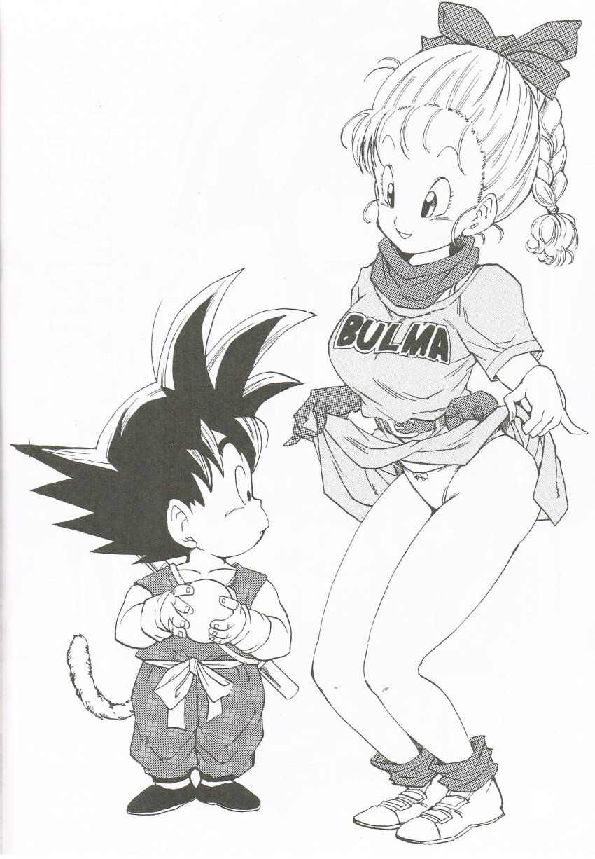 1boy belt black_hair braid breasts bulma_briefs dragon_ball dress dress_lift female hair_ribbon highres large_breasts legs long_hair looking_down monochrome panties pigtail ribbon scarf shoes short_hair simple_background skirt skirt_lift skirt_up smile socks son_goku son_gokuu standing tail thighs toriyama_akira toriyama_akira_(style) underwear upskirt white_background young_jijii