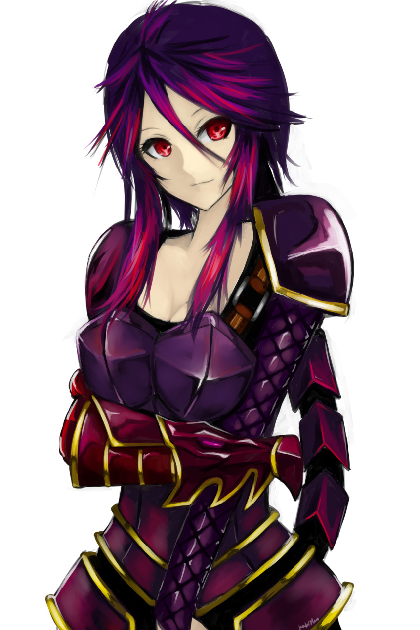 alternate_costume alternate_hair_color armor bad_id bad_pixiv_id breasts commentary female gauntlets highres ironscale_shyvana kumiko_shiba league_of_legends long_hair medium_breasts multicolored_hair pink_hair purple_hair red_eyes shoulder_pads shyvana signature solo tail white_background