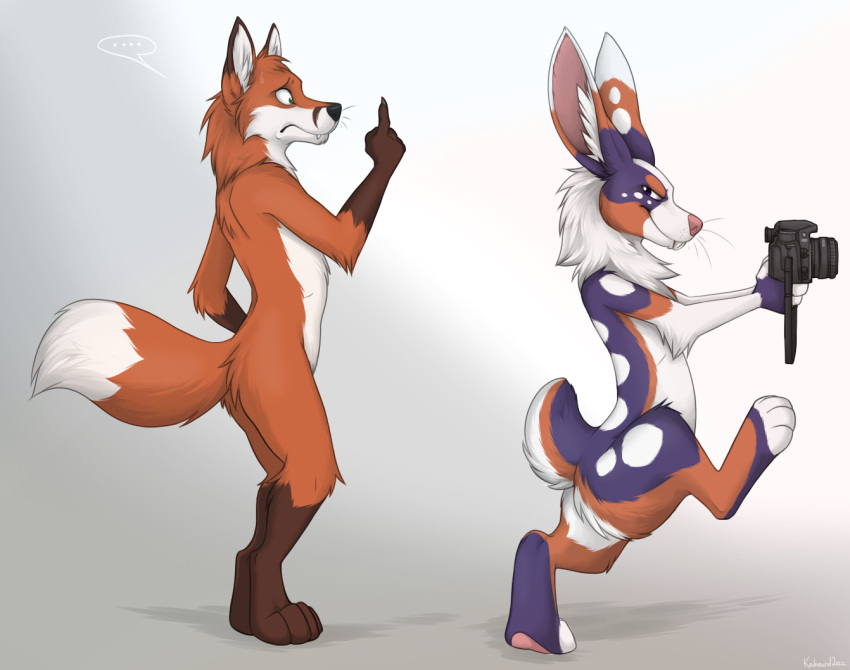 anthro avoid_posting camera canid canine confusion duo fox fur green_eyes keihound lagomorph leporid male mammal nude rabbit side_view