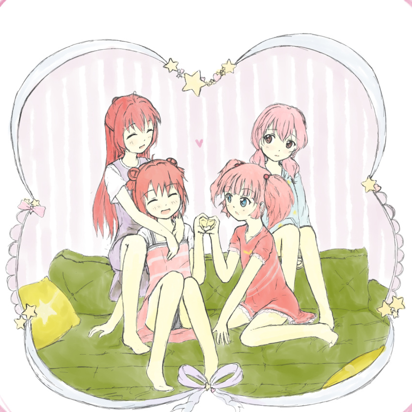 4girls ^_^ akaza_akane akaza_akari bare_legs closed_eyes commentary_request couch double_bun hair_bobbles hair_bun hair_ornament hair_ribbon heart heart_hands heart_hands_duo lilien_kranz long_hair multiple_girls open_mouth pink_eyes pink_hair red_hair ribbon short_hair siblings sisters sitting smile star_(symbol) twintails wariza yoshikawa_chinatsu yoshikawa_tomoko yuri yuru_yuri