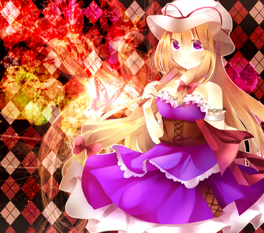 abstract absurdres bare_shoulders blonde_hair blush bow breasts bug butterfly checkered cleavage commentary_request corset dress female frills hair_ribbon hand_fan hat highres long_hair looking_at_viewer medium_breasts patterned purple_eyes ribbon sash solo tamagogayu1998 touhou very_long_hair yakumo_yukari