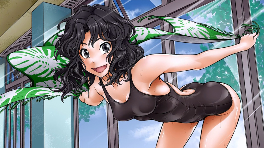 :d amagami bad_id bad_link bent_over black_eyes black_hair female fukudahda light_rays long_hair looking_at_viewer one-piece_swimsuit open_mouth outstretched_arms smile solo spread_arms sunbeam sunlight swimsuit tanamachi_kaoru towel wavy_hair wet window