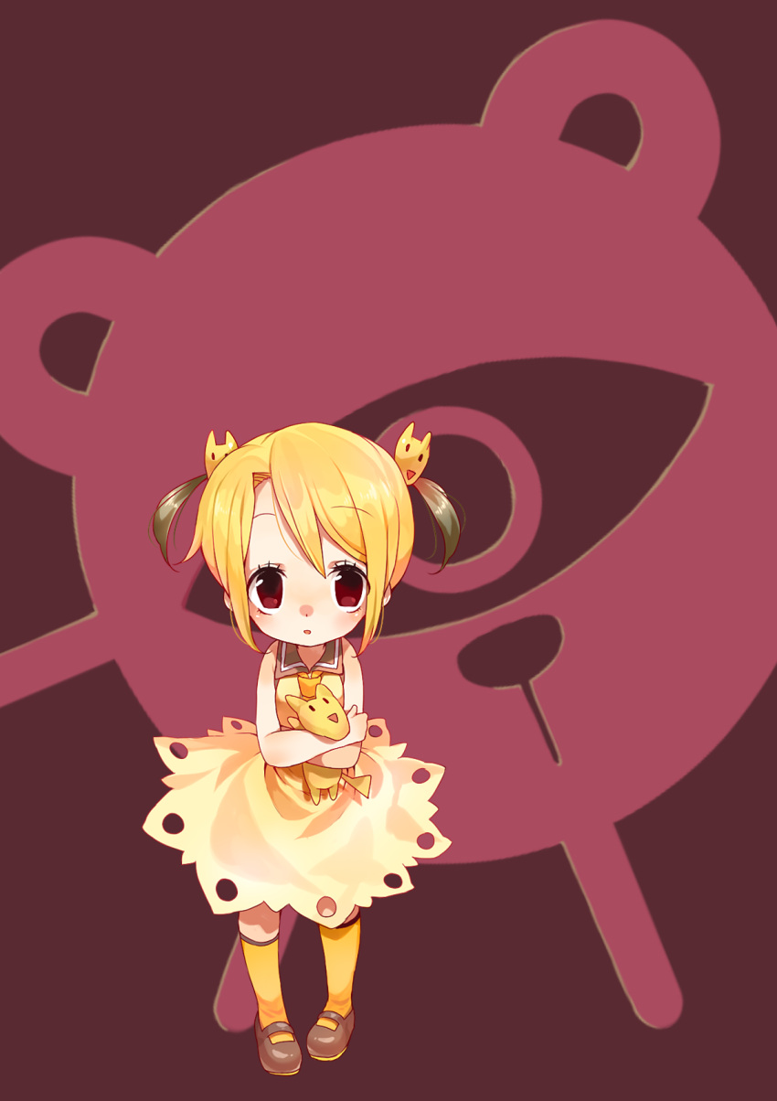 blonde_hair commentary_request doll dress female hair_ornament highres kairiki_bear_("lolita"_songs) looking_at_viewer mary_janes original red_eyes rojiko school_uniform serafuku shoes short_hair short_twintails solo thighhighs twintails vocaloid yellow_dress