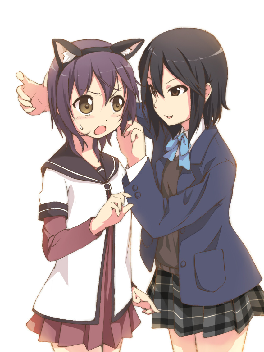 2girls :o animal_ears black_hair black_skirt black_sweater blazer blue_jacket brown_eyes cat_ears commentary_request crossover dress_shirt foge funami_yui highres inaba_himeko jacket kokoro_connect layered_sleeves long_sleeves multiple_girls nanamori_school_uniform plaid plaid_skirt pleated_skirt school_uniform season_connection serafuku shirt short_hair short_over_long_sleeves short_sleeves skirt sweater white_shirt yamaboshi_private_high_school_uniform yuru_yuri