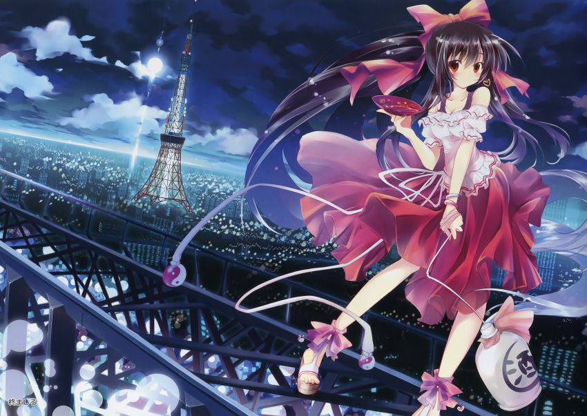 alcohol alternate_costume artist_name bare_shoulders black_hair breasts cleavage collarbone cup dress earrings female hakurei_reimu heart heart_earrings highres hiiragi_mashiro jewelry long_hair medium_breasts no_mouth photoshop_(medium) ponytail red_eyes sakazuki sake sandals scan single_earring solo tokyo_tower touhou very_long_hair yin_yang