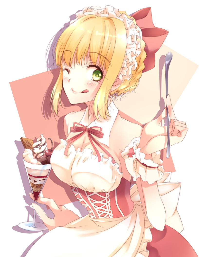 ;q apron blonde_hair bow breasts cleavage commentary_request detached_collar female food green_eyes hair_bun hairbow headdress highres ice_cream idolmaster idolmaster_cinderella_girls maid medium_breasts miyamoto_frederica one_eye_closed single_hair_bun solo thighhighs tongue tongue_out yurine