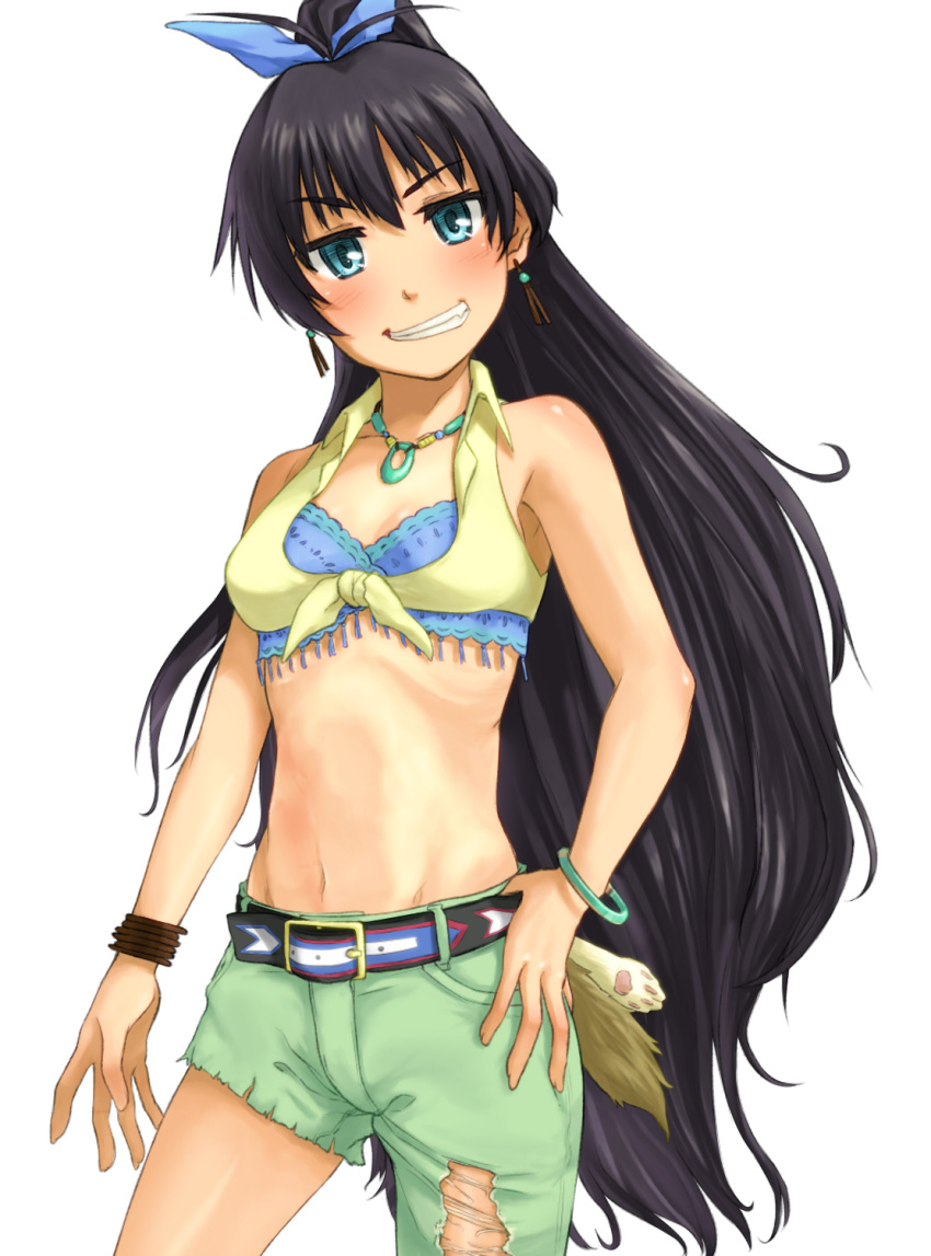 alternate_costume bare_arms bare_shoulders belt black_hair blue_eyes bracelet breasts cleavage commentary_request cowboy_shot cowboy_western denim earrings female front-tie_top ganaha_hibiki grin head_tilt highres idolmaster idolmaster_(classic) jeans jewelry long_hair looking_at_viewer midriff navel necklace pants photoshop_(medium) ponytail simple_background small_breasts smile solo torn_clothes torn_jeans torn_pants tsukikase very_long_hair white_background