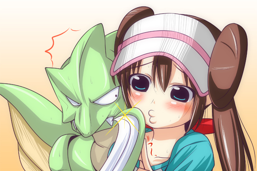 ^^^ blush brown_hair commentary_request double_bun female glint green_eyes hair_bun long_hair nishi_koutarou o3o painttool_sai_(medium) pokemon pokemon_(creature) pokemon_bw2 raglan_sleeves rosa_(pokemon) scyther twintails visor_cap