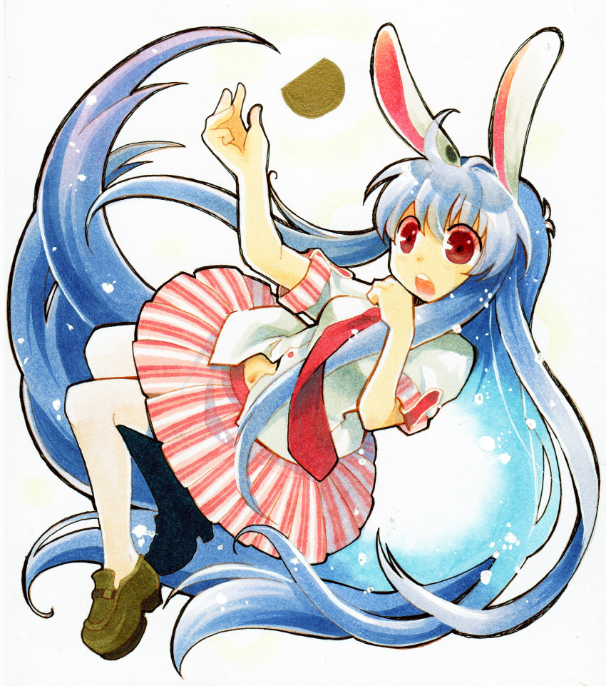 absurdres animal_ears blue_hair commentary_request female highres long_hair marker_(medium) navel necktie open_mouth pantyhose photoshop_(medium) rabbit_ears red_eyes red_necktie reisen_udongein_inaba skirt socha solo touhou traditional_media very_long_hair white_pantyhose